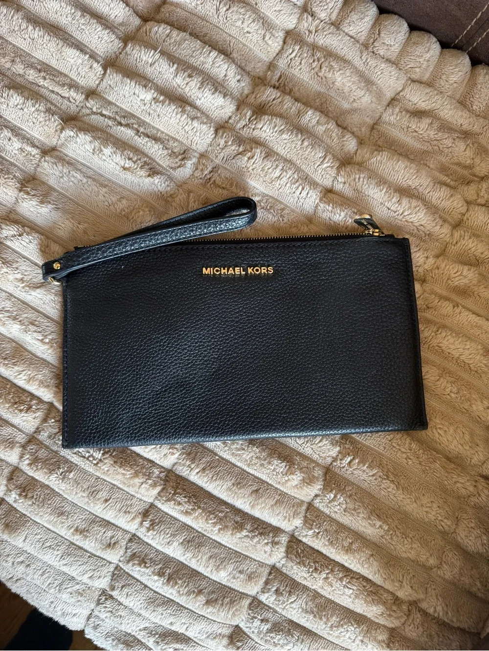 Michael Kors Black Leather Large Wristlet with Gold Logo